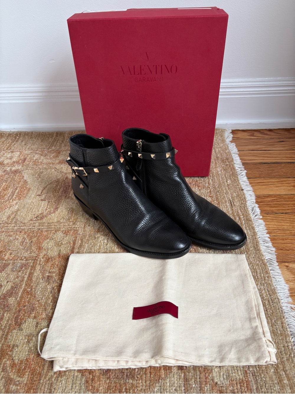 Valentino Garavani "Rockstud" Black Leather Ankle Boots — Size 38.5